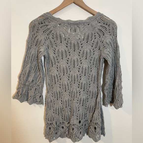 Nouveaux Gray Crochet Cotton Sweater With Bell 3/4 Sleeve Size Small Boho Hippie - Picture 5 of 11